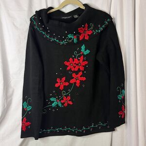 Reference Point Women's Cowl neck Black Embroidered Poinsettias Beaded Sz Medium